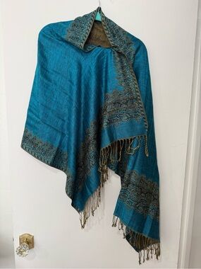 Teal Paisley Fringe Shawl Wrap - Unbranded